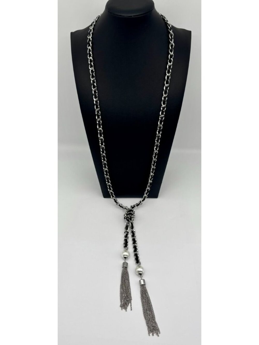 White House Black Market Silver-Tone Links W/Black Ribbon Double Tassel Necklace